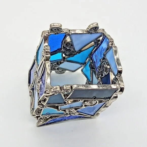Blue Stained Glass Silver Swirl Candle Holder